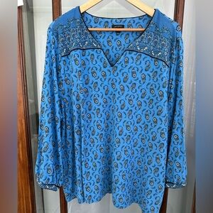 J. Jill Womens Size 3X Wearever Blue Paisley Floral Top Black 3/4 Sleeve Flowy